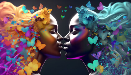 romantic kiss of homosexual couple, sculpture, love concept, 3d rendering, gay love, lesbians, self love - obrazy, fototapety, plakaty