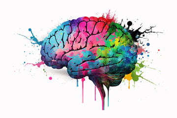 Brain illustration watercolor vivid colorful splashes style. Mental health awareness month. - obrazy, fototapety, plakaty