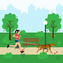 Obraz na płótnie Canvas Young woman jogging in the park with his dog on a leash. Caring for a pet. Vector illustration