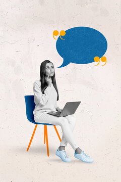 Photo poster of smart minded girl brainstorming creative ideas phrase chatterbox deep think while online conference laptop isolated white background