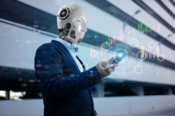 Humans wearing a coat with a robot head and holding mobile phones are the future of humanity.
AI (Artificial Intelligence) concept. Deep learning. Mindfulness.
