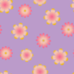Fototapeta na wymiar Trendy seamless pattern with y2k blurred gradient daisy flower on purple background. Groovy color background.