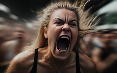 Woman screaming out, raging. Concept of frustration or release of feelings. Motion blur with shallow depth of field. Illustrative generative AI, Not a real person. - obrazy, fototapety, plakaty