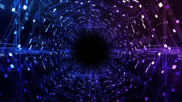 Digital cyber tunnel seemless looping 4K.Technology motion glowing background.