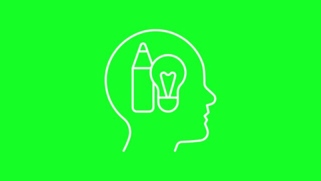 Animated creativity white line icon. Artistic motivation. Intelligence. Loop HD video with chroma key, alpha channel on transparent background, black solid background. Outline motion graphic animation