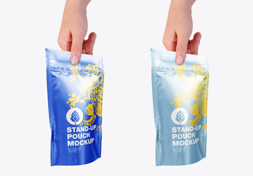 Glossy Stand-up Pouch with Hand Mockup