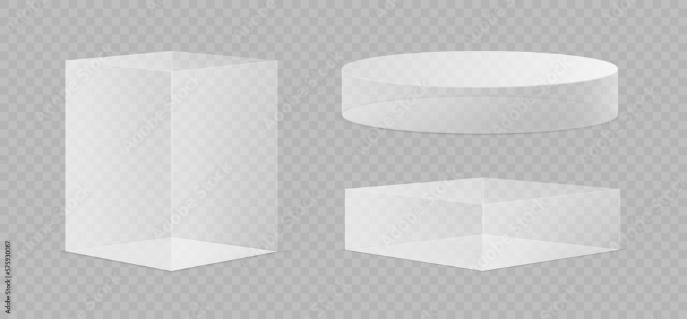 Poster glass shapes, square and rounded podium or platform for presentation of product. advertisement and a