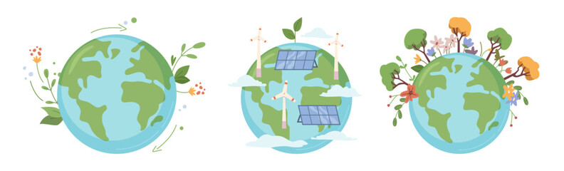 Caring for nature on planet earth, saving and preserving. Using solar and wind alternative power, growing trees and plants, reducing global warming. Vector in flat style