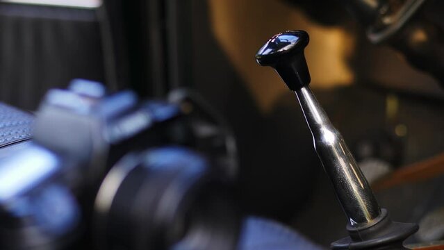 Opel Olympia classic car gear knob detail macro shot, 50 fps slow motion