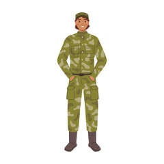 Service military woman wearing special protective clothes. Isolated female personage in boots and cap serving in army. Flat cartoon, vector illustration