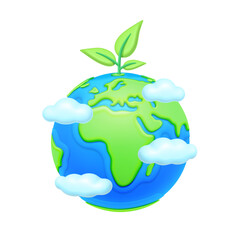 Protecting ecology and environment of planet earth. Isolated globe with botany and foliage, sprouts and blooming flora design. 3d style vector illustration
