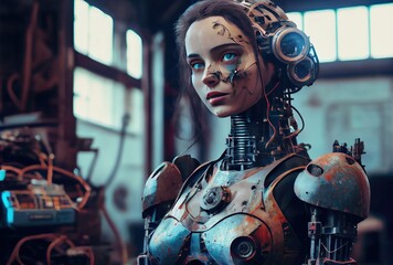 A humanoid robot with rusty sits contemplating in old abandoned factory. Technology and Artificial intelligence concept. Generative AI