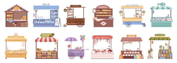 Mobile kiosks and street stalls with products to sell. Isolated cheese and milk, fruits and vegetables, desserts and meat. Flat cartoon, vector illustration - obrazy, fototapety, plakaty