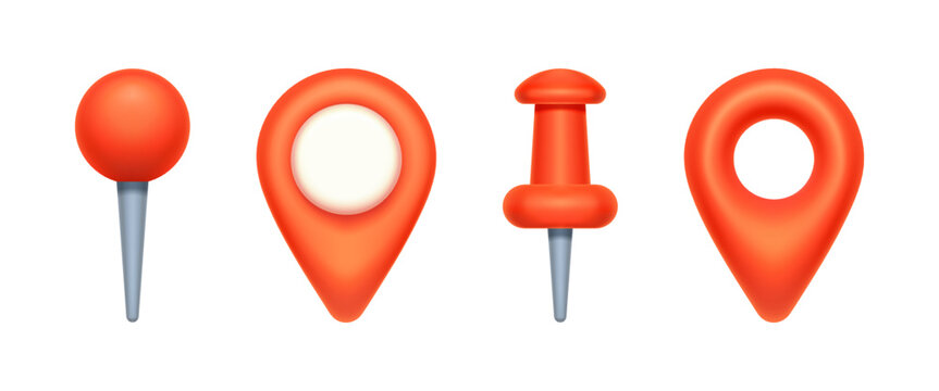 Pointers for maps, online or paper maps. Isolated realistic icons for application with navigation. Pins and traditional place symbol. 3d style vector illustration