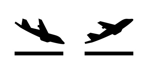 Fototapeta na wymiar Arrivals and departure plane signs. Airport Sign. Simple icons, airplane landing and takeoff. Airport icons set departures, arrivals. Vector illustration Aircraft or Airplane