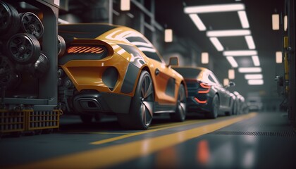 Generative AI of a yellow and orange car in a car factory