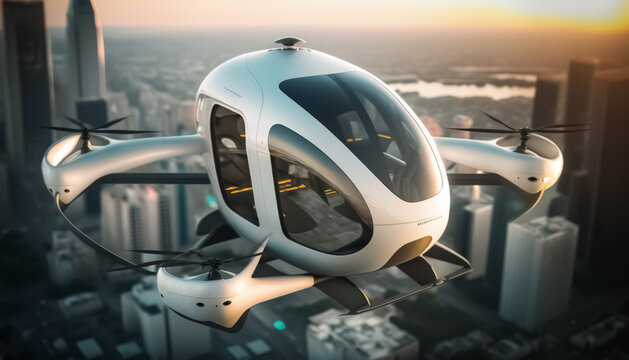 White Passenger Autonomous Aerial Vehicle AAV. Future of urban air mobility Public aerial transportation. Autonomous driverless aerial vehicle fly through night city. generative ai