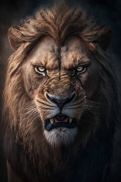 Big male lion in the dark, portrait of a dangerous animal. Generative AI
