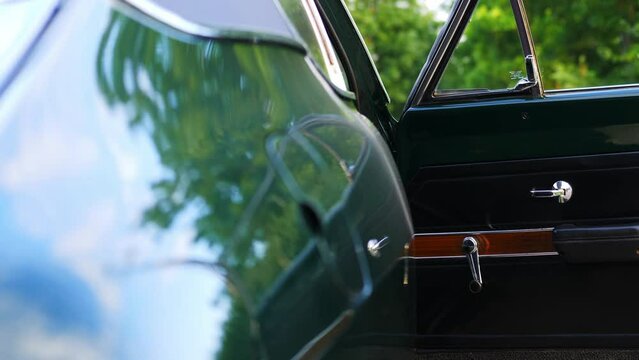 Opel Olympia classic car shot from back, opened door slider shot to the side, 50 fps slow motion