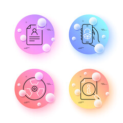 Resume document, Delivery app and Search minimal line icons. 3d spheres or balls buttons. Chemical hazard icons. For web, application, printing. Application, Return package, Find info. Toxic. Vector