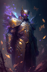 Knight with golden butterflies, smoke, epic. Generative AI.