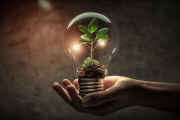 human hand holding a light bulb with a plant sprout inside, Generative AI	