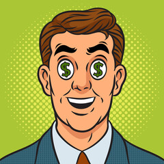 Businessman with dollar sign in eyes pop art retro raster illustration. Comic book style imitation.