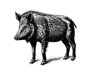 The boar is drawn in pencil isolated on a white background. Engraved drawing. Black and white style. Wild boar, pig, pig, male. In full growth. Doodle. Vector illustration