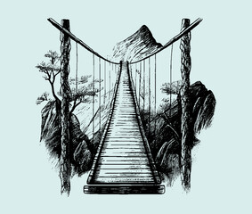 Wooden bridge in the mountains. Ropeway. Suspension bridge. Drawn in pencil on an isolated background. Engraved drawing. Black and white style. Sketch. Ideal for postcard, book, poster, banner. Vector