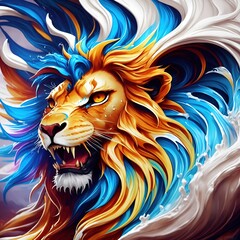 Lion painted with lots of watercolor splashes, artistic brushes,  multicolor, flowing vibe, generative ai, 