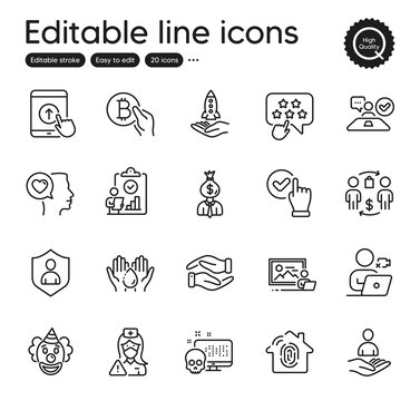 Set of People outline icons. Contains icons as Ranking star, Romantic talk and Helping hand elements. Photo studio, Manager, Checkbox web signs. Recruitment, Swipe up, Nurse elements. Vector
