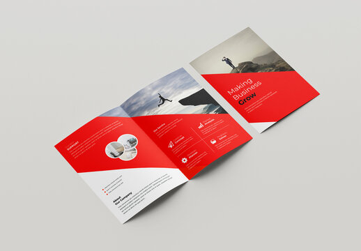 Modern Square Bifold Brochure Layout with Red Accents