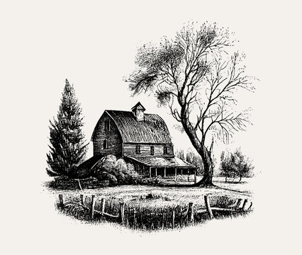 Farm house. Engraved drawing. Hand drawn for your design, drawn in black ink on an isolated background. Black and white style. Sketch. Ideal for postcard, book, poster, banner. Vector illustration