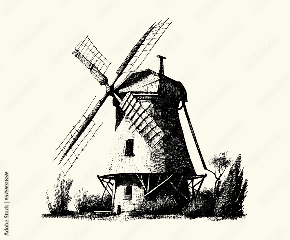 Poster windmill. engraved drawing. hand drawn for your design, drawn in black ink on an isolated background