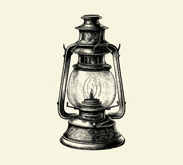 Kerosene lamp. Drawn in pencil isolated on background. Lamp. Engraved drawing. Black and white style. Ideal for postcard, book, poster, banner. Doodle. Vector illustration