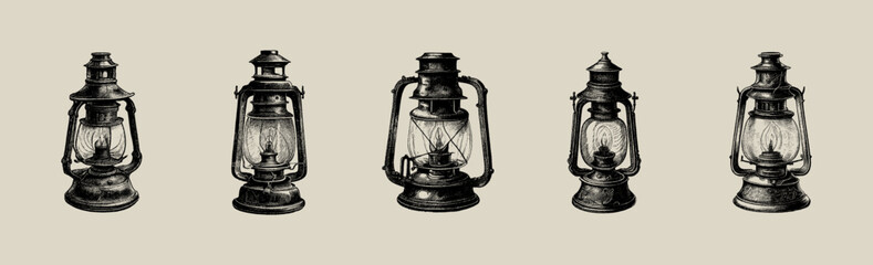 Kerosene lamp. A set of lamps is drawn in pencil isolated on the background. Engraved drawing. Black and white style. Ideal for postcard, book, poster, banner. Doodle. Vector illustration © marikova