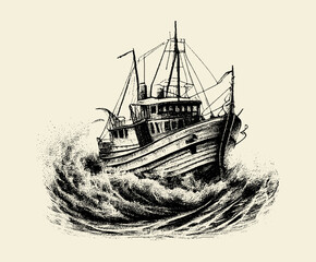 Lonely ship. Seascape. Drawn with a pencil on an isolated background. Engraved drawing. Black and white style. Ideal for postcard, book, poster, banner. Doodle. Vector illustration
