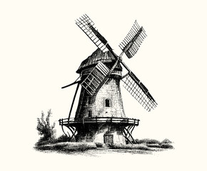 Windmill. Vintage old windmill. Engraved drawing. Hand drawn for your design, drawn in black ink on an isolated background. Black and white style. Sketch. Ideal for postcard, book, poster, banner