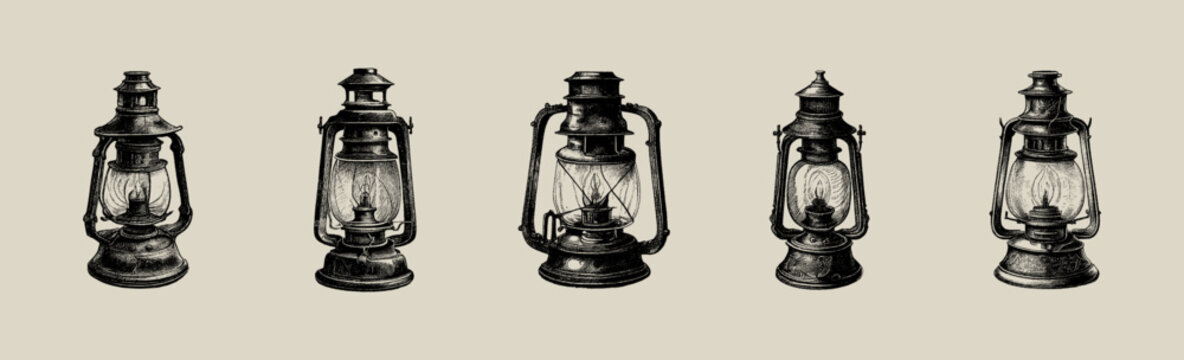 Kerosene lamp. A set of lamps is drawn in pencil isolated on the background. Engraved drawing. Black and white style. Ideal for postcard, book, poster, banner. Doodle. Vector illustration
