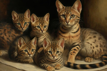 A Bengal cat is sitting with four kittens. Concept reproduce.. Generative AI