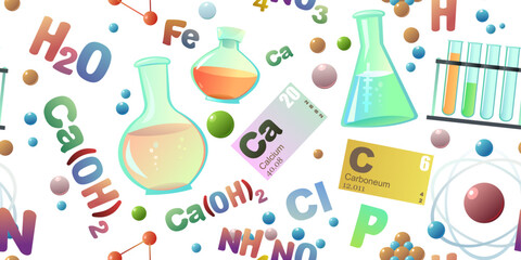Chemistry items seamless pattern. Cartoon style. Study and production of mineral. Organic and inorganic. Parts of molecular and atomic basis. Isolated on white background. Vector.