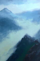 Abstract mountains, palette knife painting, view from the peak of himalaya, mist. Generative AI.