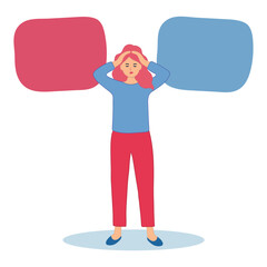 The woman is holding her head. Unable to choose between two options.