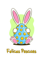 Easter greeting card. Colorful Easter egg with bunny. Happy Easter yellow lettering in Spanish (Felices Pascuas). Cartoon. Vector illustration. Isolated on white background