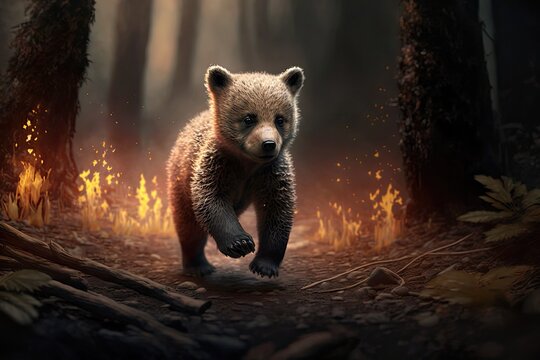 A social image of the fire. A little bear cub running from a fire in the forest.. Generative AI