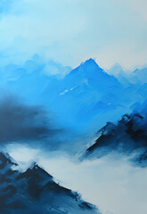 Abstract mountains, palette knife painting, view from the peak of himalaya, mist. Generative AI.
