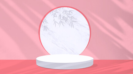White Cylinder Podium with light and shadow on Pink circle partition and white marble wall Background, Showcase mockup for Cosmetic Products introduction Display Presentation, illustration