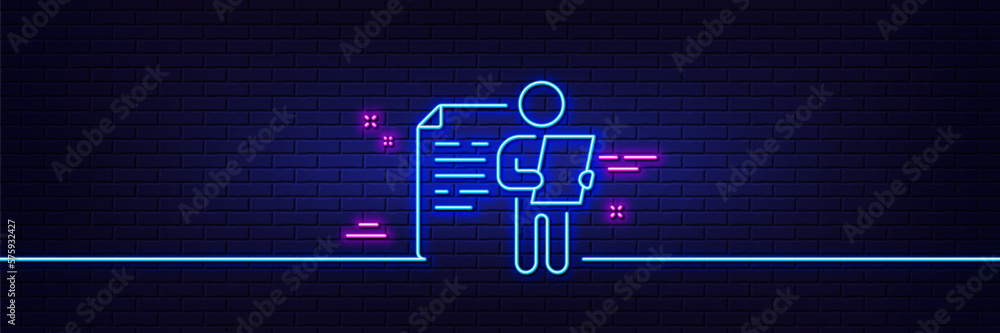 Poster neon light glow effect. job interview document line icon. cv file page sign. office workflow symbol.