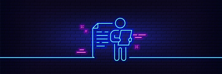 Neon light glow effect. Job interview document line icon. CV file page sign. Office workflow symbol. 3d line neon glow icon. Brick wall banner. Job interview outline. Vector
