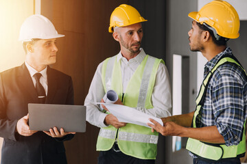 Architect concept, Architects working with blueprints in the office, Vintage Effect